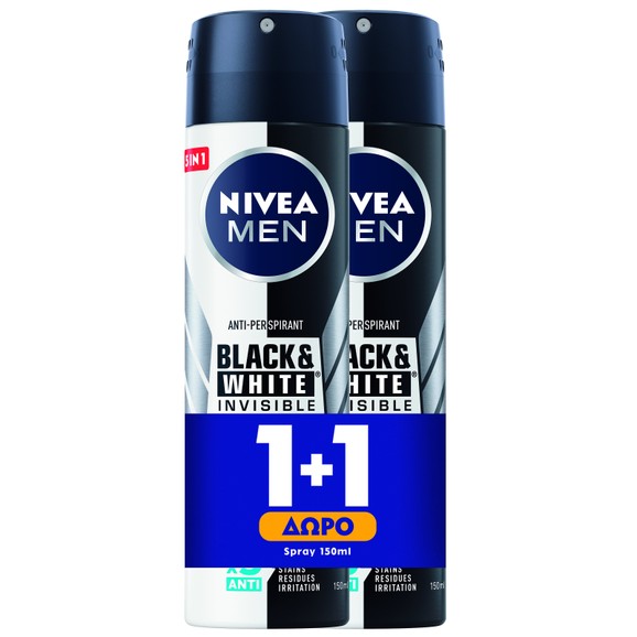 Nivea Men Invisible For Black And White Original Deodorant Spray Ανδρικό Αποσμητικό Κατά των Λευκών Σημαδιών 2x150ml 1+1 Δώρο