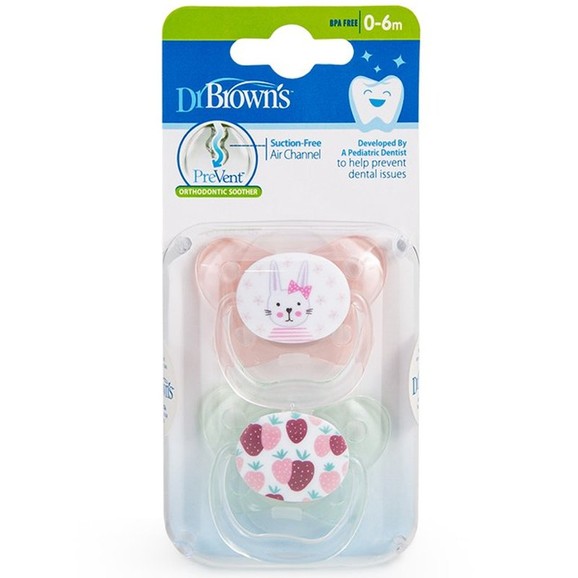 Dr. Brown\'s PreVent PV12302 Orthodontic Soother 0-6m Ροζ - Κίτρινο 2 Τεμάχια