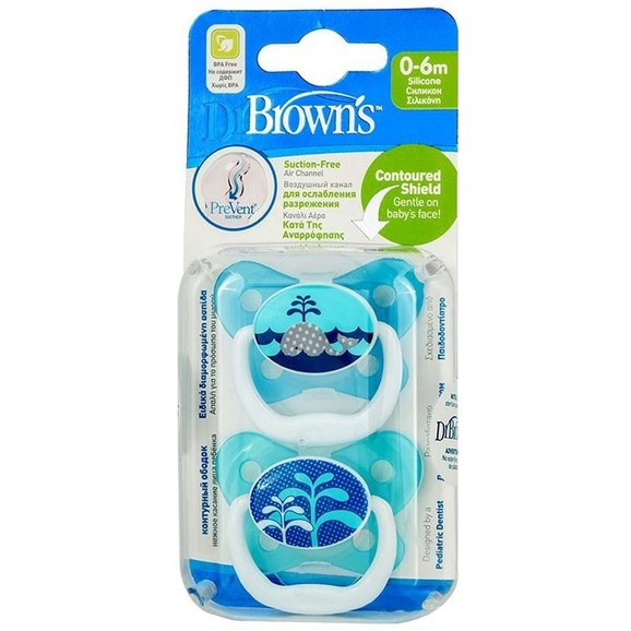 Dr. Brown\'s PreVent PV12402 Orthodontic Soother 0-6m Λευκό - Γαλάζιο 2 Τεμάχια