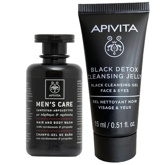 Δώρο Apivita Mens Care Black Detox Gel Καθαρισμού για Πρόσωπο, Μάτια 15ml & Σαμπουάν Αφρόλουτρο με Κάρδαμο & Πρόπολη 20ml