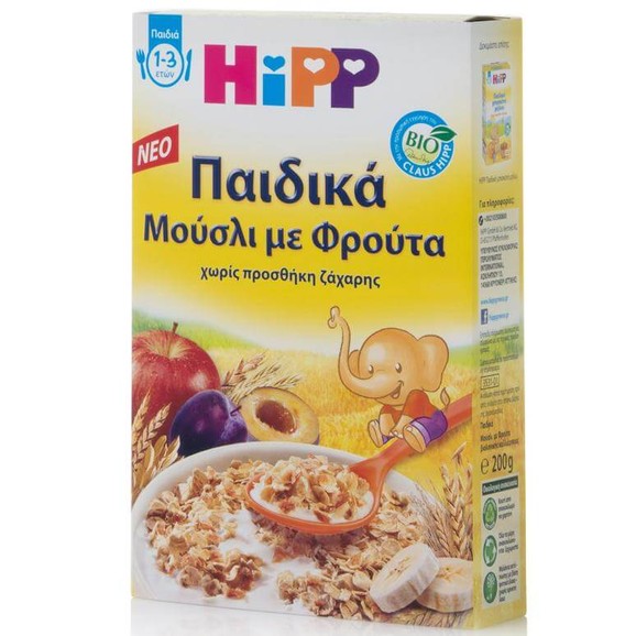 HIPP Παιδικά Μούσλι με Φρούτα Χωρίς Προσθήκη Ζάχαρης από 1 έως 3 ετών 200gr