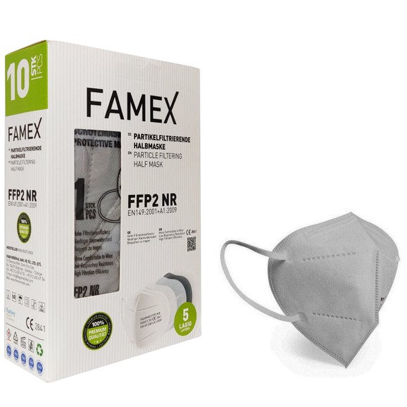 Famex FFP2 NR Μάσκα Προσώπου μιας Χρήσης  5 Επιπέδων Προστασίας, με Μεταλλικό Έλασμα, σε Γκρι Χρώμα 10 τεμάχια
