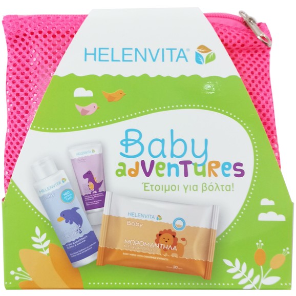 Helenvita Promo Baby Adventures με Baby All Over Cleanser 100ml & Baby Nappy Rash Cream 20ml & Baby Wipes 20 Τεμάχια & Νεσεσέρ - Ροζ