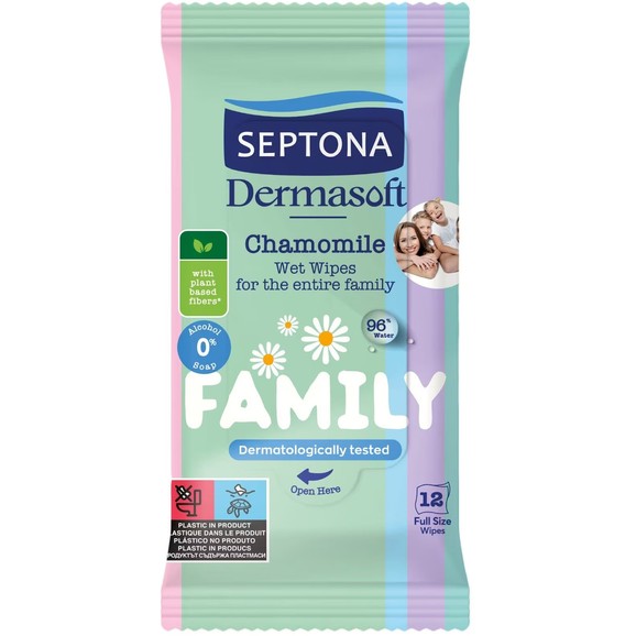 Δώρο Septona Dermasoft Family Travel Size Απαλά Μωρομάντηλα με Χαμομήλι 12 Τεμάχια