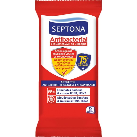 Δώρο Septona Antibacterial Αντιβακτηριδιακά Μαντηλάκια με 75% Οινόπνευμα 15 Τεμάχια