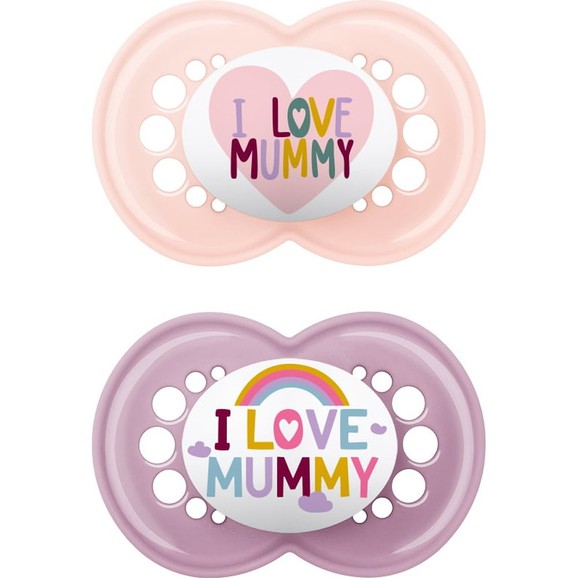 Mam Orthodontic Silicone Soother 16m+ I love Mummy & Daddy 2 Τεμάχια, Κωδ 265SG1 - Ροζ / Μωβ