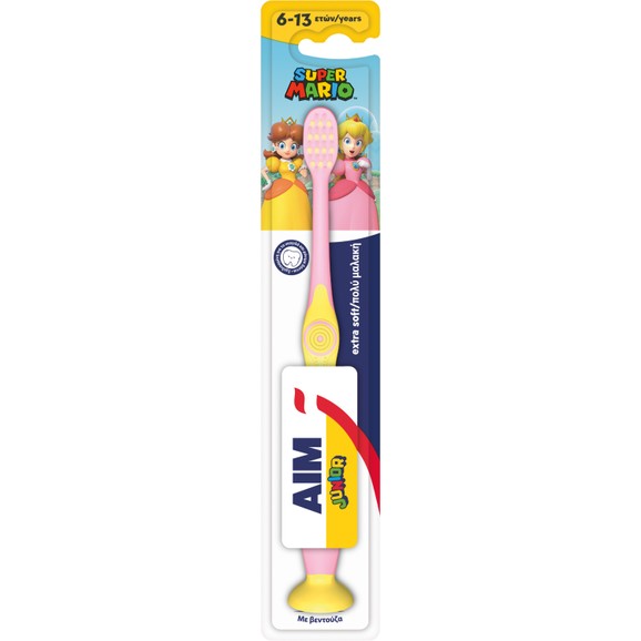 Aim Super Mario Junior Extra Soft Toothbrush 6-13 Years 1 Τεμάχιο - Ροζ / Κίτρινο