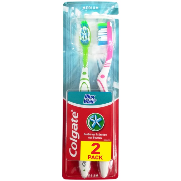 Colgate Max White Medium Toothbrush 2 Τεμάχια - Πράσινο / Ροζ