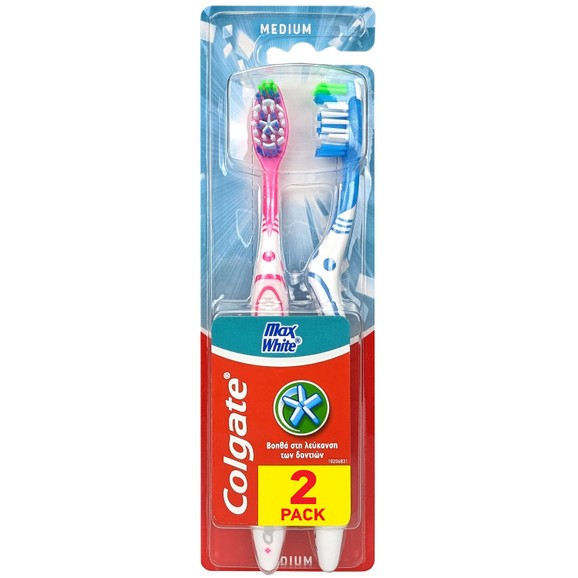 Colgate Max White Medium Toothbrush 2 Τεμάχια - Ροζ / Μπλε