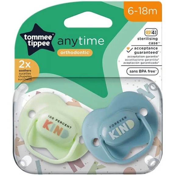 Tommee Tippee Anytime Orthodontic Silicone Soother 6-18m, 2 Τεμάχια - Μπλε / Λαχανί Tommee Tippee Anytime Orthodontic Silicone Soother 6-18m, 2 Τεμάχια - Μπλε / Λαχανί