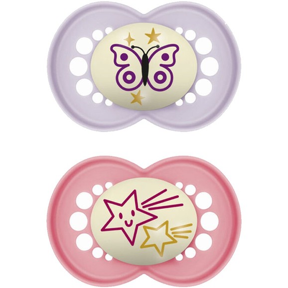 Mam Original Night Orthodontic Silicone Soother 6-16m 2 Τεμάχια, Κωδ 160SGc - Λιλά / Φούξια