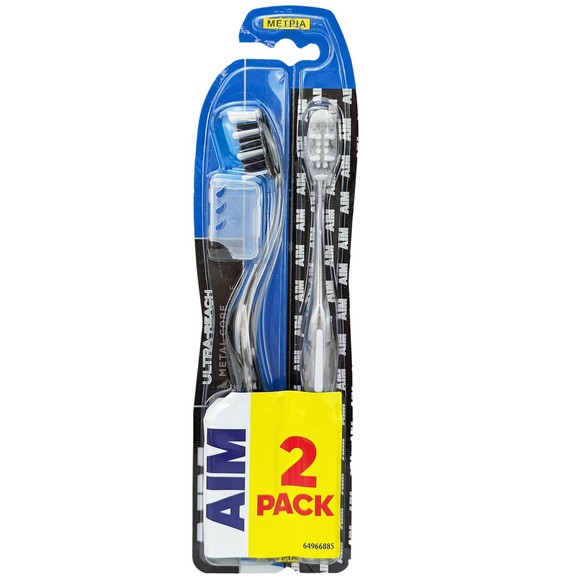 AIM Promo Ultra Reach Metal Core Medium Toothbrush 2 Τεμάχια - Μαύρο / Γκρι