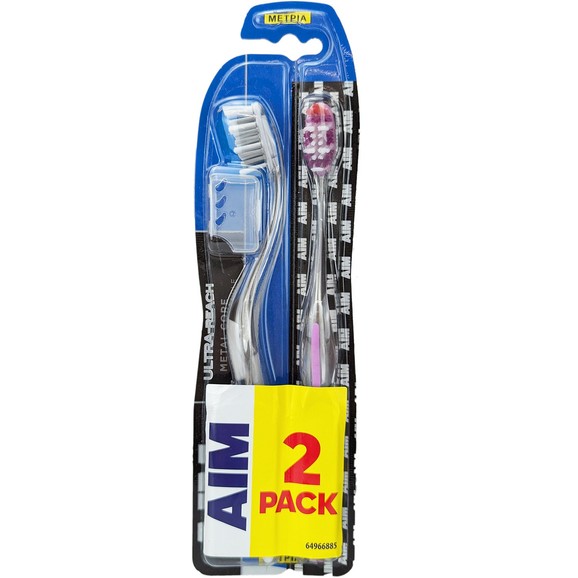AIM Promo Ultra Reach Metal Core Medium Toothbrush 2 Τεμάχια - Ροζ / Γκρι