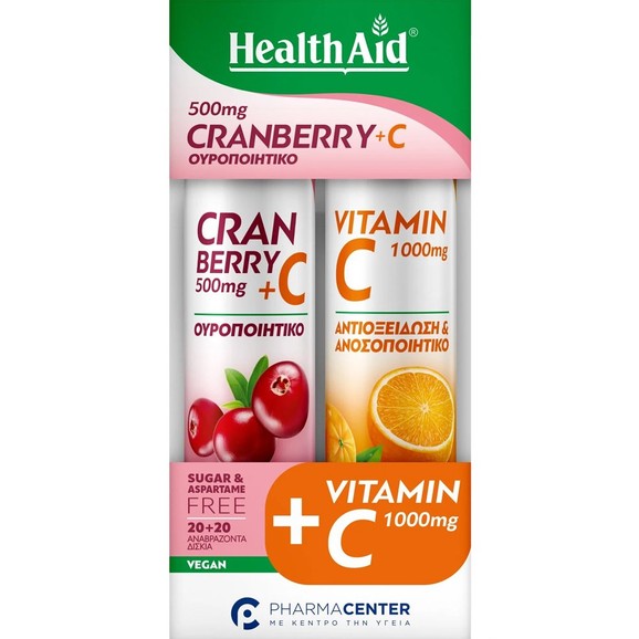 Δώρο Health Aid Cranberry 500mg Plus Vitamin C 100mg Natural Flavor 20 Effer.tabs & Vitamin C 1000mg Orange 20 Effer.tabs