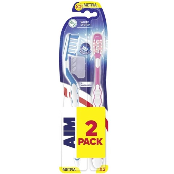 Aim White System Perlite Medium Toothbrush 2 Τεμάχια - Ροζ / Μπλε