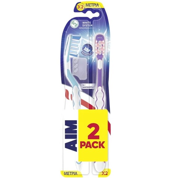 Aim White System Perlite Medium Toothbrush 2 Τεμάχια - Μωβ / Γαλάζιο