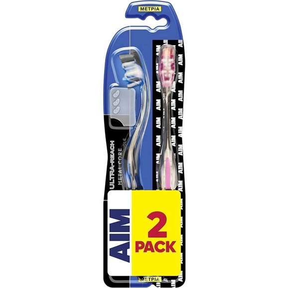 AIM Promo Ultra Reach Metal Core Medium Toothbrush 2 Τεμάχια - Μαύρο / Ροζ