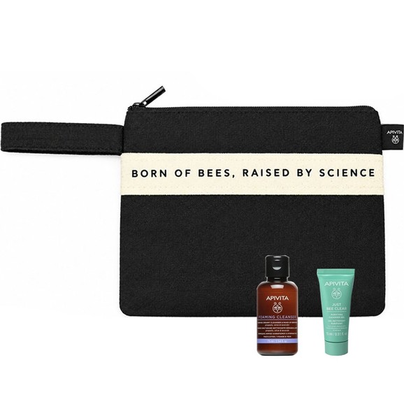 Δώρο Apivita Foaming Cleanser & Make Up Remover 75ml & Just Bee Clear Purifying Face Cleanser Gel 15ml & Born of Bees, Raised by Science Black Pouch 1 Τεμάχιο