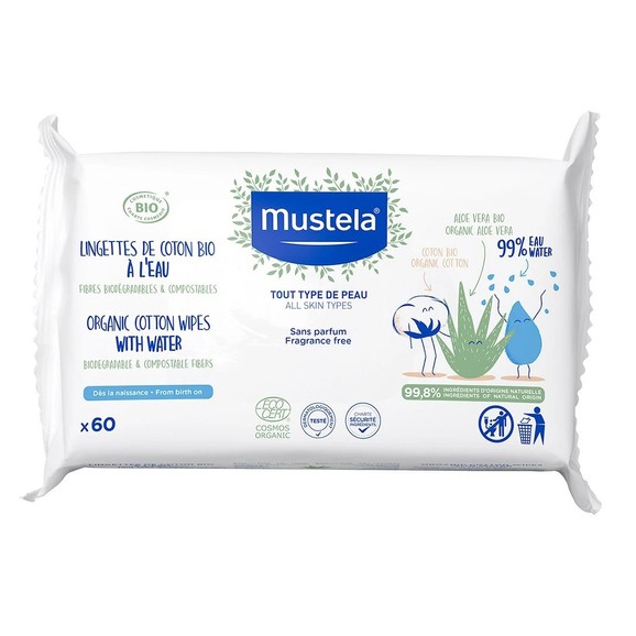 Mustela Organic Cotton Wipes with Water 60 Τεμάχια (1x60 Τεμάχια)