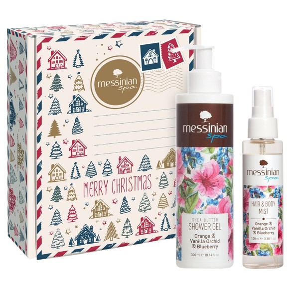 Messinian Spa Promo Christmas Box Orange & Vanilla Orchid & Blueberry Hair & Body Mist 100ml & Shower Gel 300ml