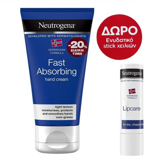 Neutrogena Πακέτο Προσφοράς Fast Absorbing Hand Cream 75ml & Δώρο Neutrogena Lip Care Stick 4.8gr