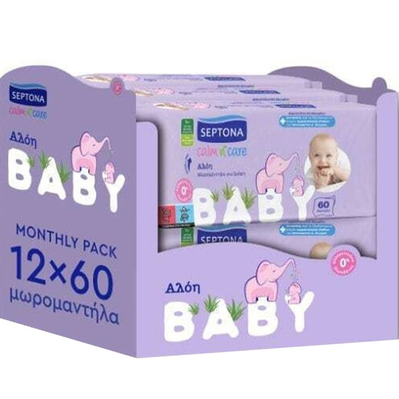 Septona Baby Calm n\' Care Wipes Aloe Monthly Pack 720 Τεμάχια (12x60 Τεμάχια)