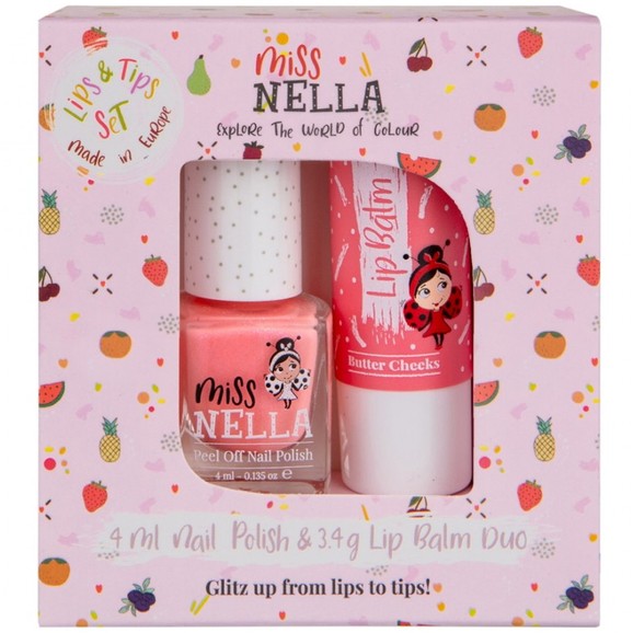 Miss Nella Promo Lips & Tips Set Lip Balm Butter Cheeks 3.4g & Peel Off Nail Polish Peach Slushie 4ml