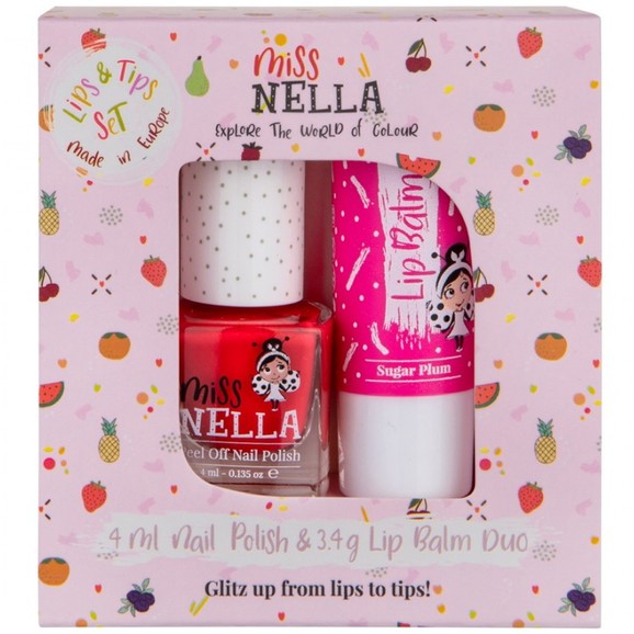 Miss Nella Promo Lips & Tips Set Lip Balm Sugar Plum 3.4g & Peel Off Nail Polish Tickle Me Pink 4ml