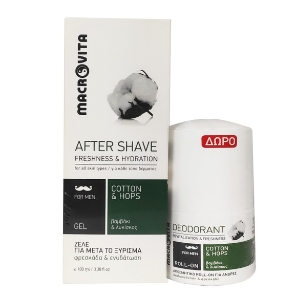 Macrovita Πακέτο Προσφοράς After Shave Gel for Men With Cotton & Hops 100ml & Δώρο Deodorant Roll on 50ml