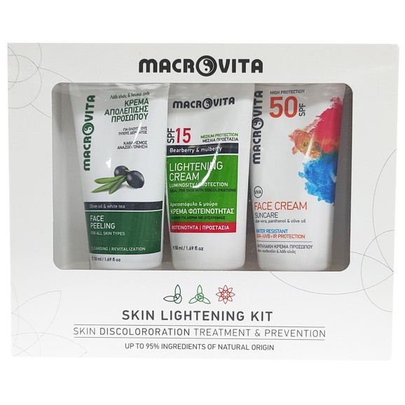 Macrovita Promo Skin Lightening Kit Face Peeling 50ml, Lightening Cream Spf15, 50ml & Face Cream Spf50, 50ml