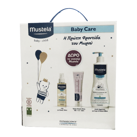Mustela Baby Care Gentle Cleansing Gel Hair-Body 500 ml & Vitamin Barrier Cream 50 ml & Baby Massage Oil 100 ml & Δώρο Νεσεσέρ