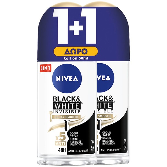 Nivea Πακέτο Προσφοράς Black & White Invisible Silky Smooth 48h Protection Deo Roll-on 2x50ml