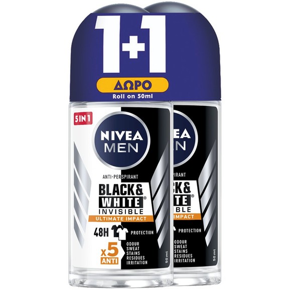 Nivea Πακέτο Προσφοράς Men Black & White Invisible Ultimate Impact 48h Protection Deo Roll-on 2x50ml