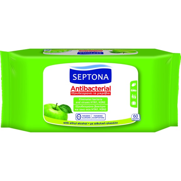 Septona Antibacterial Wipes Green Apple Αντιβακτηριδιακά Μαντηλάκια Χεριών με Άρωμα Πράσινο Μήλο 60 Τεμάχια