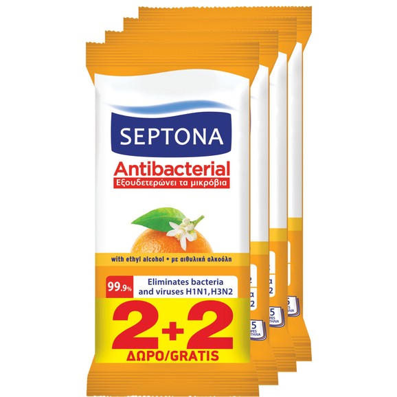 Septona Πακέτο Προσφοράς Antibacterial Wipes Orange Αντιβακτηριδιακά Μαντηλάκια Χεριών με Άρωμα Ανθός Πορτοκαλιού 4x15 Wipes