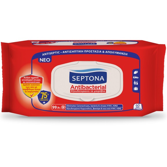 Septona Antibacterial Refresh Antiseptic Αντιβακτηριδιακά Μαντηλάκια Χεριών 75% Ethanol 60 Wipes