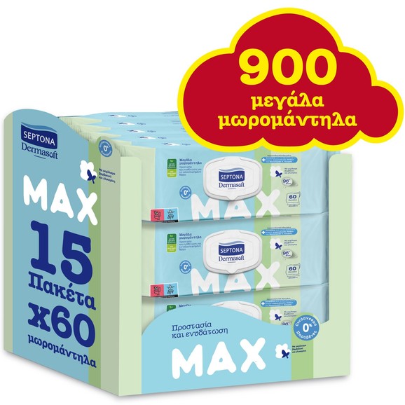 Septona Dermasoft Max Monthly Pack Μεγάλα Μωρομάντηλα με Καπάκι 900 Τεμάχια (15x60 Τεμάχια)