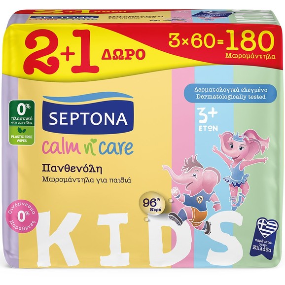 Septona Promo Calm n\' Care Kids Panthenol Baby Wipes 180 Τεμάχια (3x60 Τεμάχια)