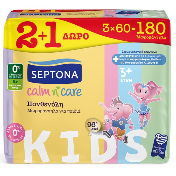 Septona Calm n\' Care Kids Wipes Panthenol 180 Τεμάχια (3x60 Τεμάχια)
