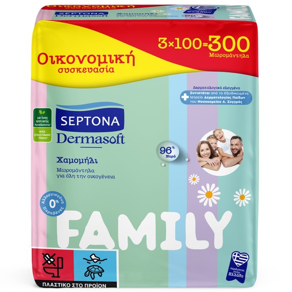 Septona Dermasoft Baby Wipes Chamomille Family 300 Τεμάχια (3x100 Τεμάχια)