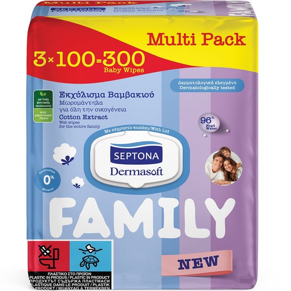 Septona Family Dermasoft with Cotton Extract Wet Wipes 300 Τεμάχια (3x100 τεμάχια)