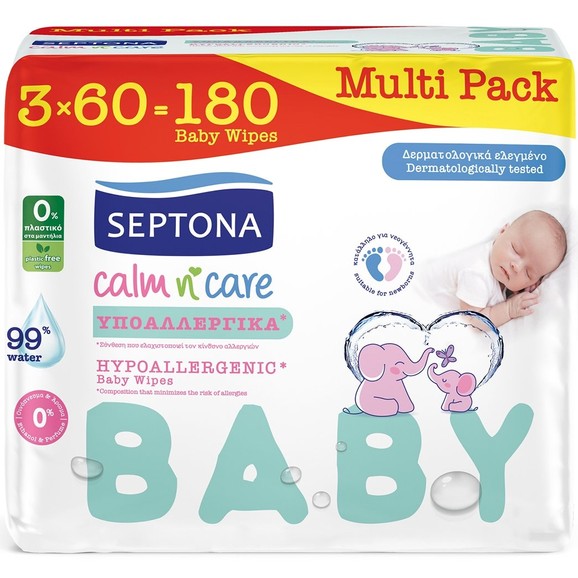 Septona Calm n\' Care Hypoallergenic Baby Wipes 180 Τεμάχια (3x60 Τεμάχια)