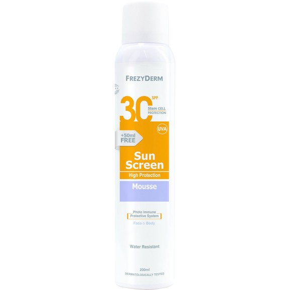 Frezyderm Sun Screen Mousse Spf30 Υψηλή Αντηλιακή Προστασία Προσώπου Σώματος σε Μορφή Αφρού 200ml Frezyderm Sun Screen Mousse Spf30 Υψηλή Αντηλιακή Προστασία Προσώπου Σώματος σε Μορφή Αφρού 200ml