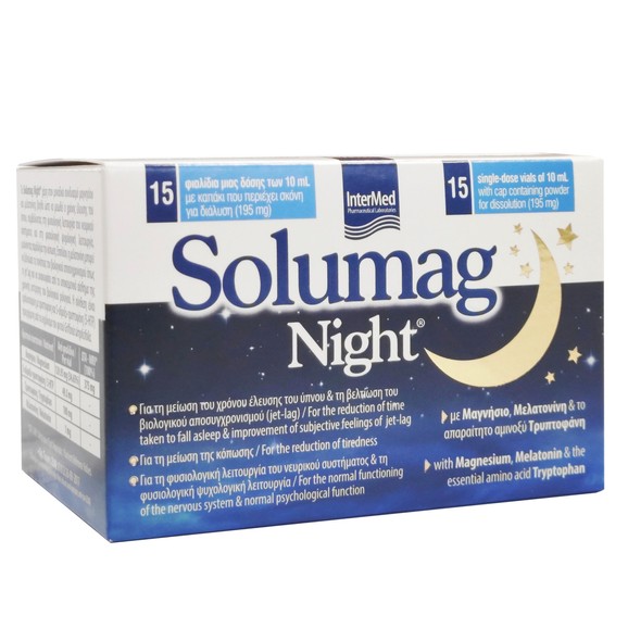 Intermed Solumag Night Συμπλήρωμα Διατροφής Μαγνησίου & Μελατονίνης που Βοηθά να Μειωθεί ο Χρόνος Έλευσης του Ύπνου 15vialx10ml