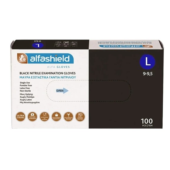 AlfaShield Black Nitrile Examination Gloves 100 Τεμάχια - Large