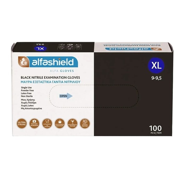 AlfaShield Black Nitrile Examination Gloves 100 Τεμάχια - Extra Large