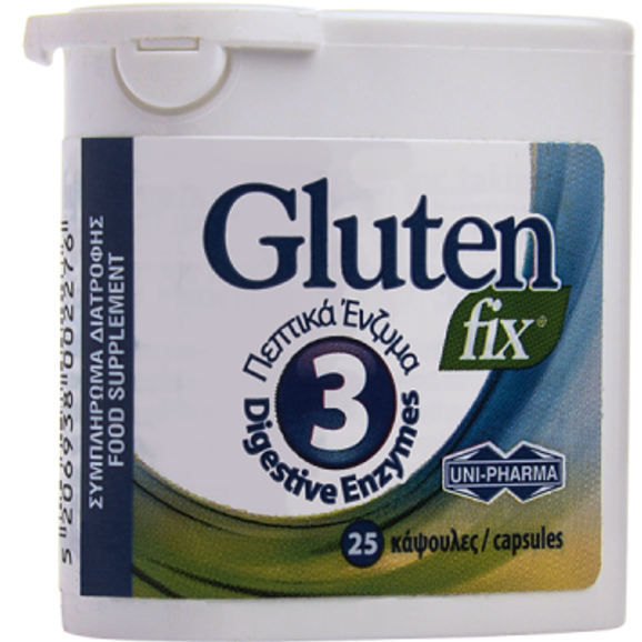Uni-Pharma Gluten Fix, Συμπλήρωμα Διατροφής που Υποστηρίζει τη Διαδικασία της Πέψης με 3 Πεπτικά Ένζυμα 25κάψουλες