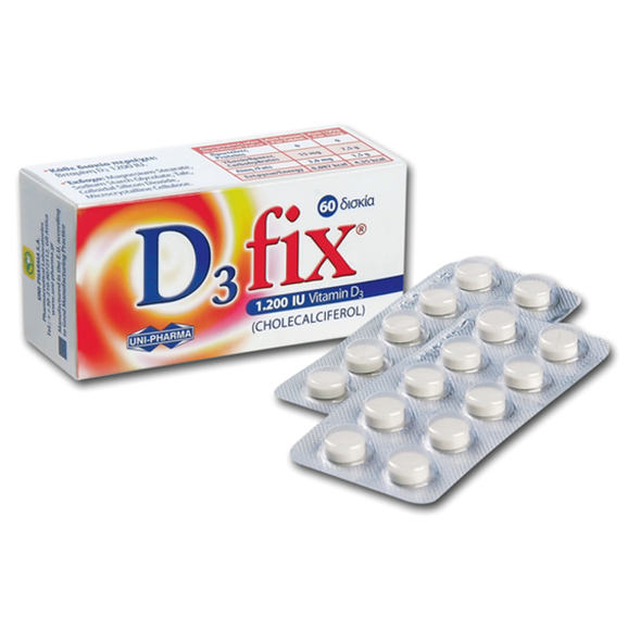 Uni-Pharma D3 Fix 1200 IU Συμβάλλει στη Φυσιολογική Λειτουργία των Οστών,των Δοντιών,των Μυών και του Ανοσοποιητικού 60tabs Uni-Pharma D3 Fix 1200 IU Συμβάλλει στη Φυσιολογική Λειτουργία των Οστών,των Δοντιών,των Μυών και του Ανοσοποιητικού 60tabs