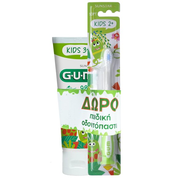 Gum Promo Kids Soft (901) Παιδική Οδοντόβουρτσα με Βεντούζα Στερέωσης 2+ Ετών Πράσινο 1 Τεμάχιο & Δώρο Kids Παιδική Οδοντόκρεμα 3+ ετών Φράουλα 500ppm 50ml