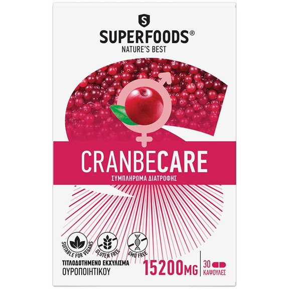 Superfoods Cranbecare 15200mg Συμπλήρωμα Διατροφής για Άτομα με Επανεμφανιζόμενες Λοιμώξεις του Ουροποιητικού Συστήματος 30caps